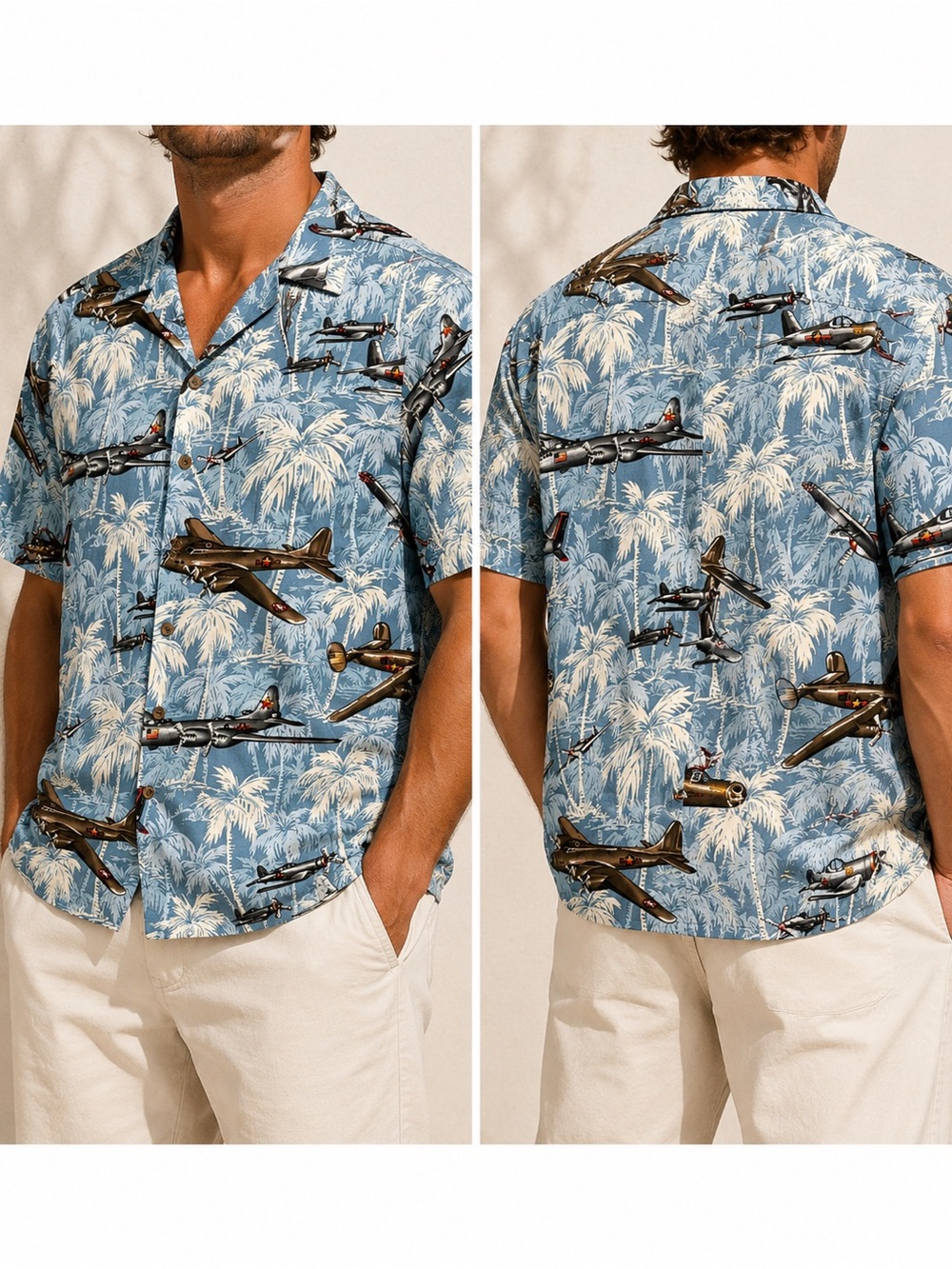 Vintage Kalaheo WWII Airplane Print Hawaiian Camp Shirt Size L Made in Hawaii